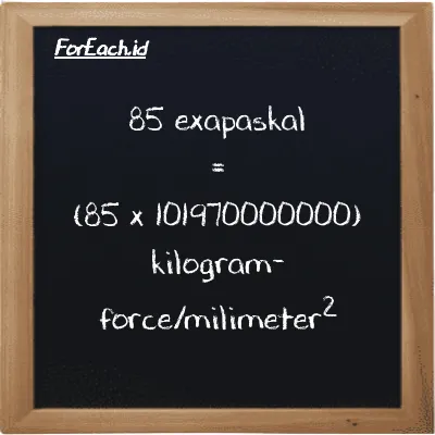 Cara konversi exapaskal ke kilogram-force/milimeter<sup>2</sup> (EPa ke kgf/mm<sup>2</sup>): 85 exapaskal (EPa) setara dengan 85 dikalikan dengan 101970000000 kilogram-force/milimeter<sup>2</sup> (kgf/mm<sup>2</sup>)